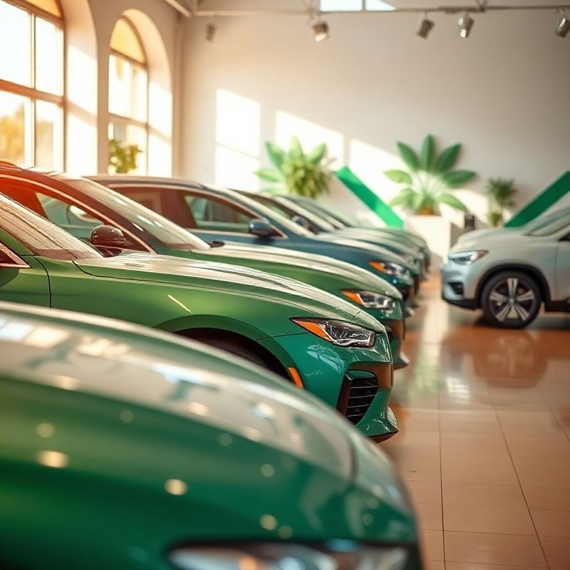 Coches nuevos alineados bajo la iluminación del showroom